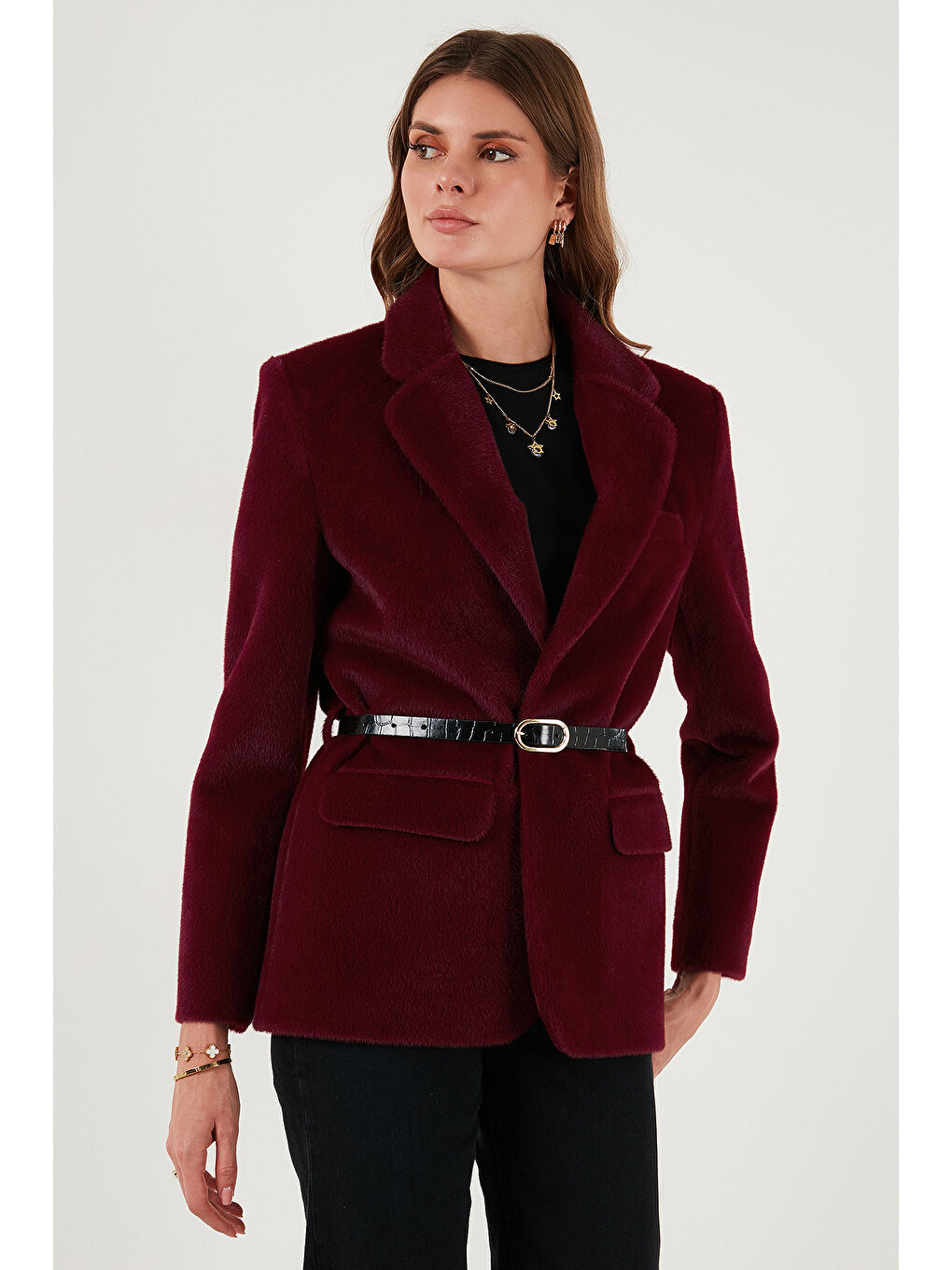 Bordo Regular Fit Astarlı Kemer Detaylı Pelüş Dokulu Ceket 6839490-4