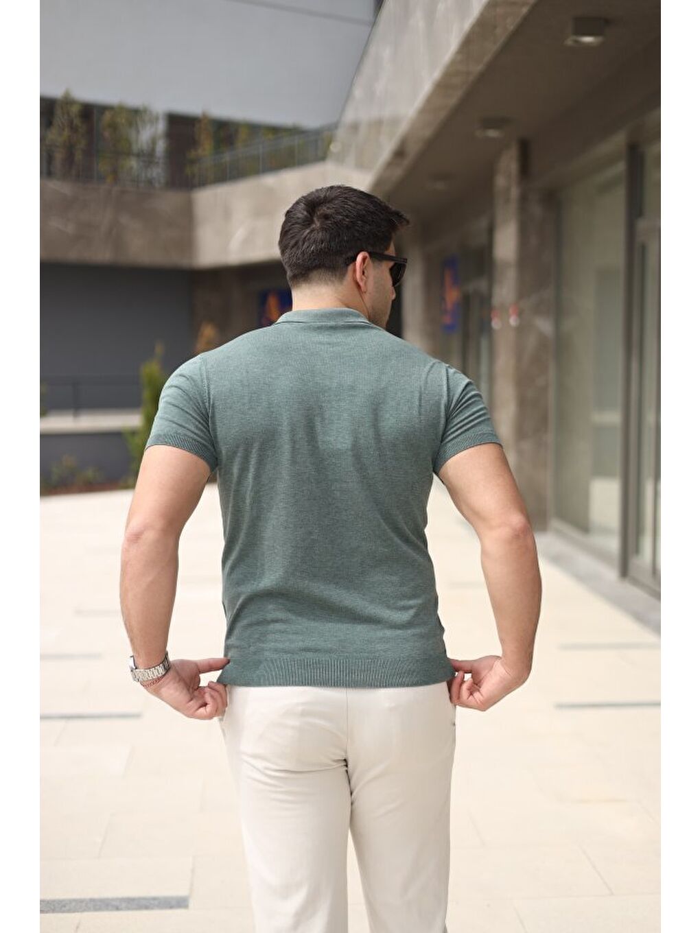 Yeşil Erkek Polo Yaka Fermuar Detaylı Tişört-2