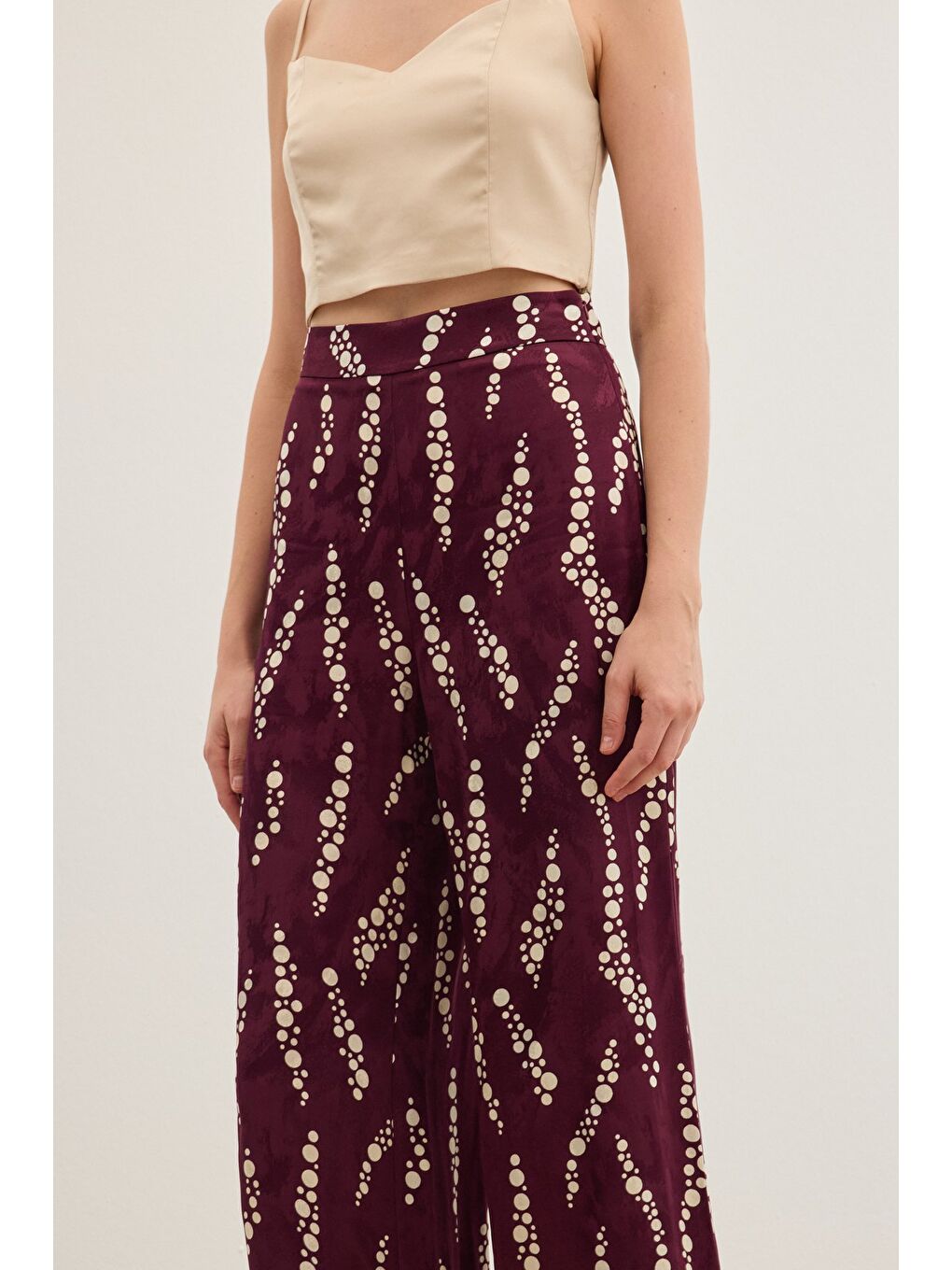 Desenli Bol Paça Pantolon - Bordo-6