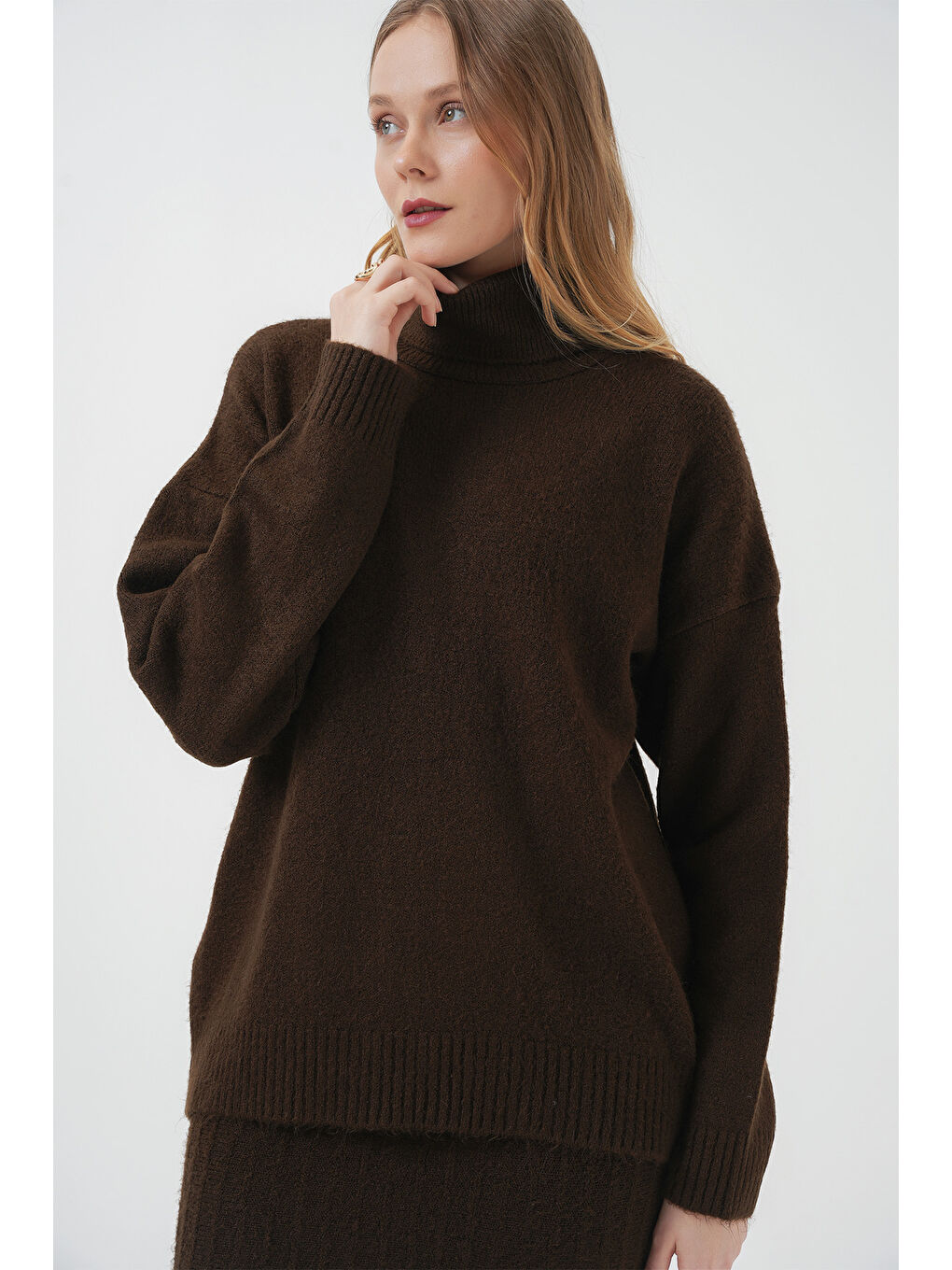 15892 Kazak Etek Triko İkili Takım - Kahverengi-2