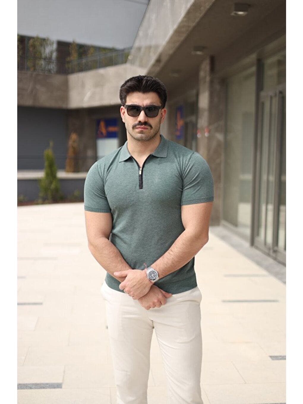 Yeşil Erkek Polo Yaka Fermuar Detaylı Tişört-3