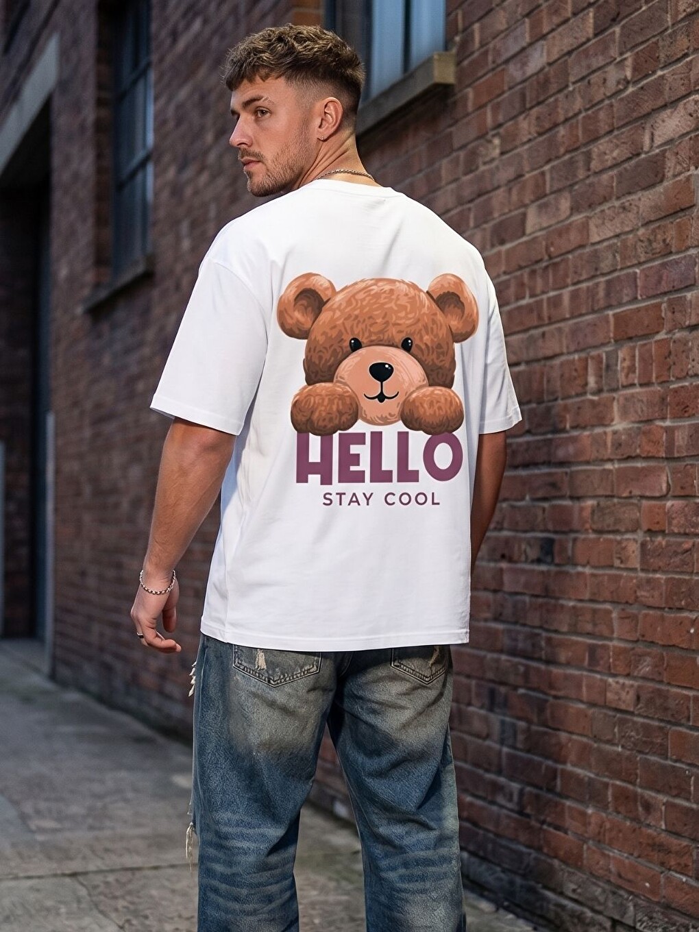 Beyaz Hello Stay Cool Baskılı Oversize Tişört