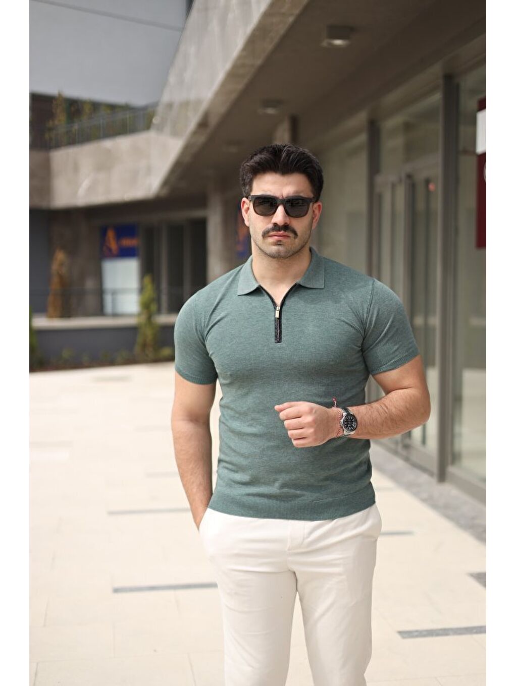 Yeşil Erkek Polo Yaka Fermuar Detaylı Tişört-4