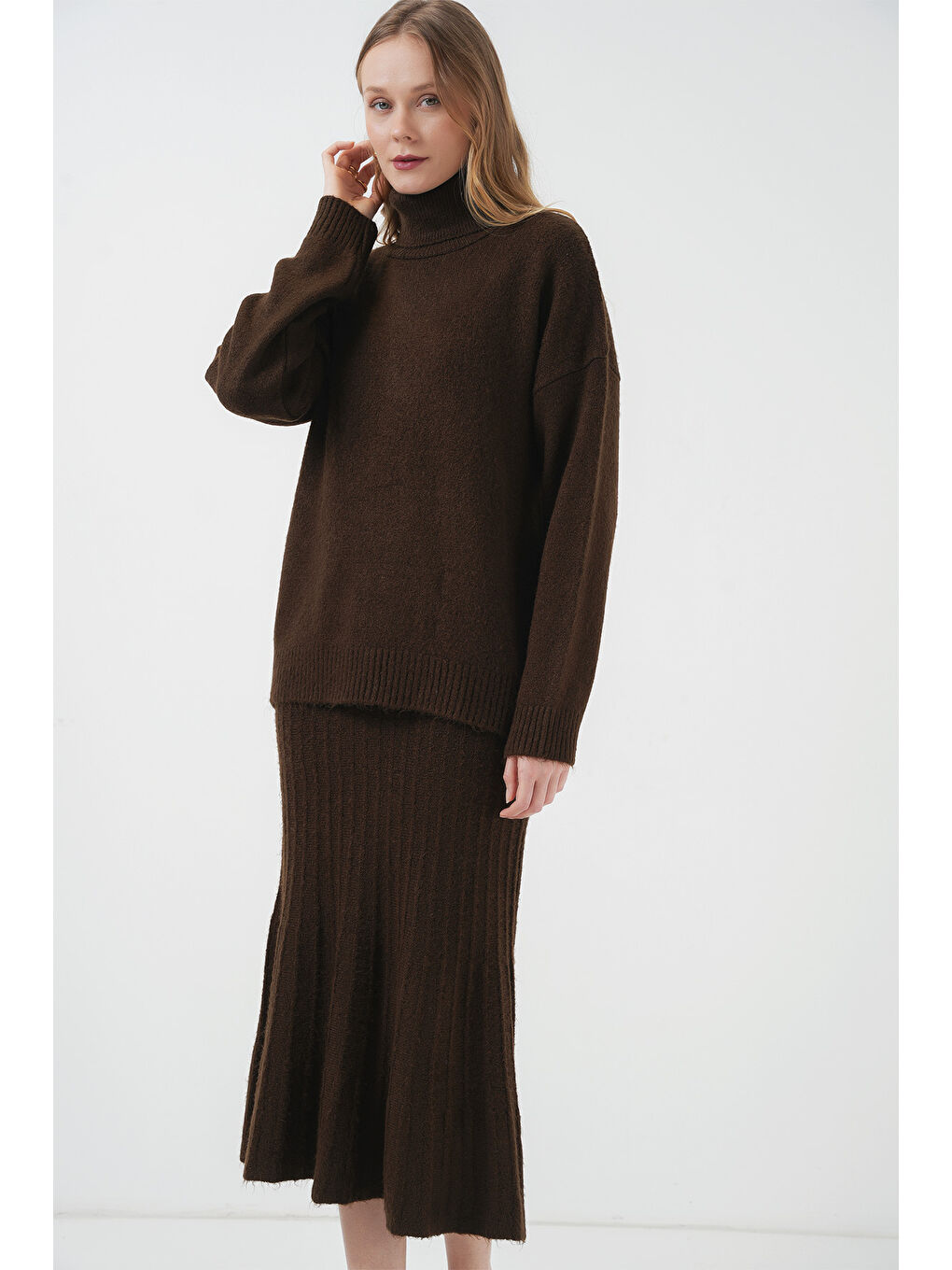 15892 Kazak Etek Triko İkili Takım - Kahverengi-3