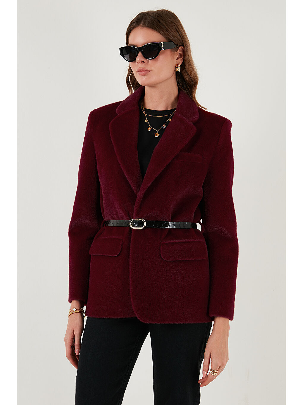 Bordo Regular Fit Astarlı Kemer Detaylı Pelüş Dokulu Ceket 6839490-5