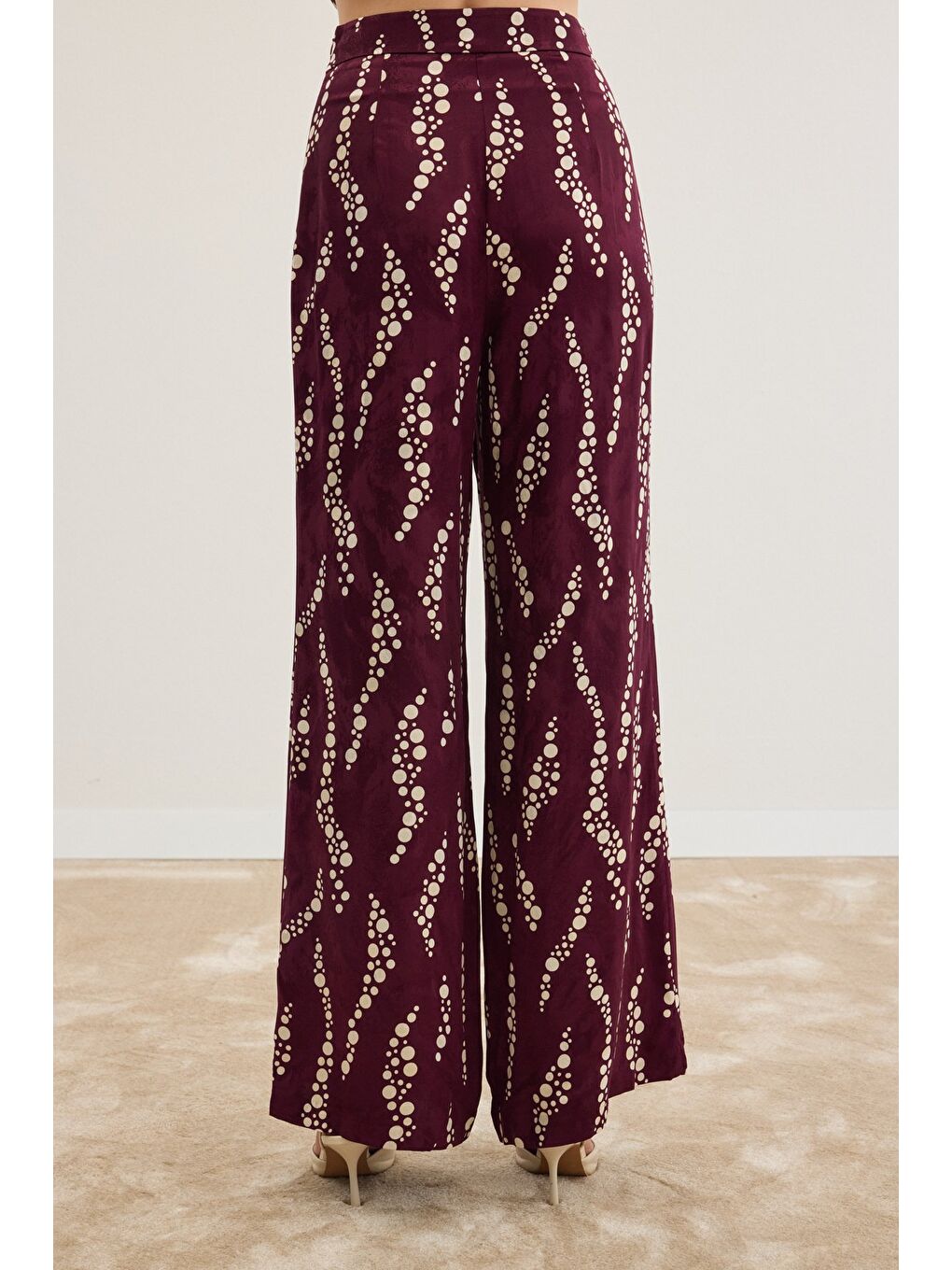 Desenli Bol Paça Pantolon - Bordo-7