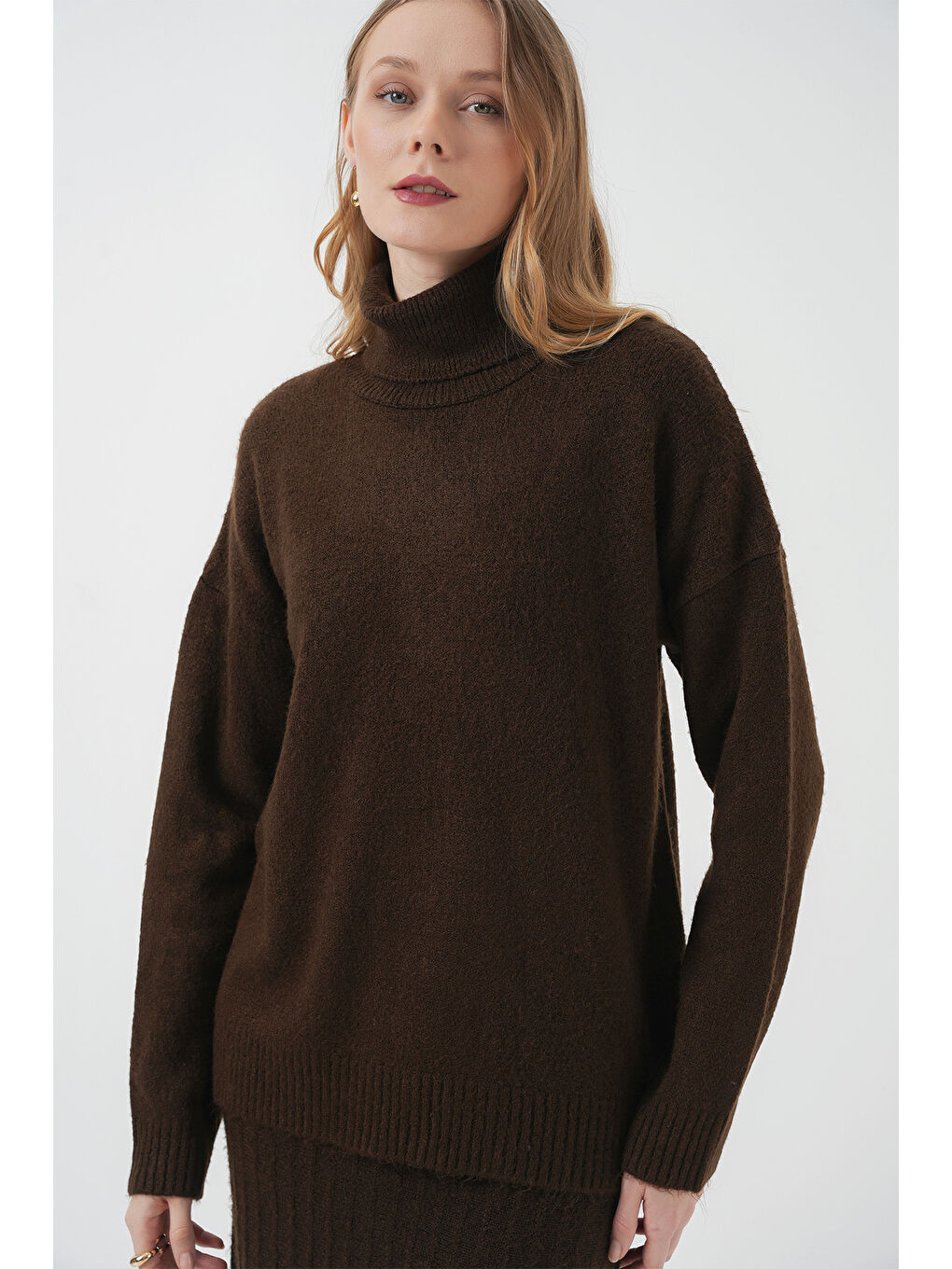 15892 Kazak Etek Triko İkili Takım - Kahverengi-4