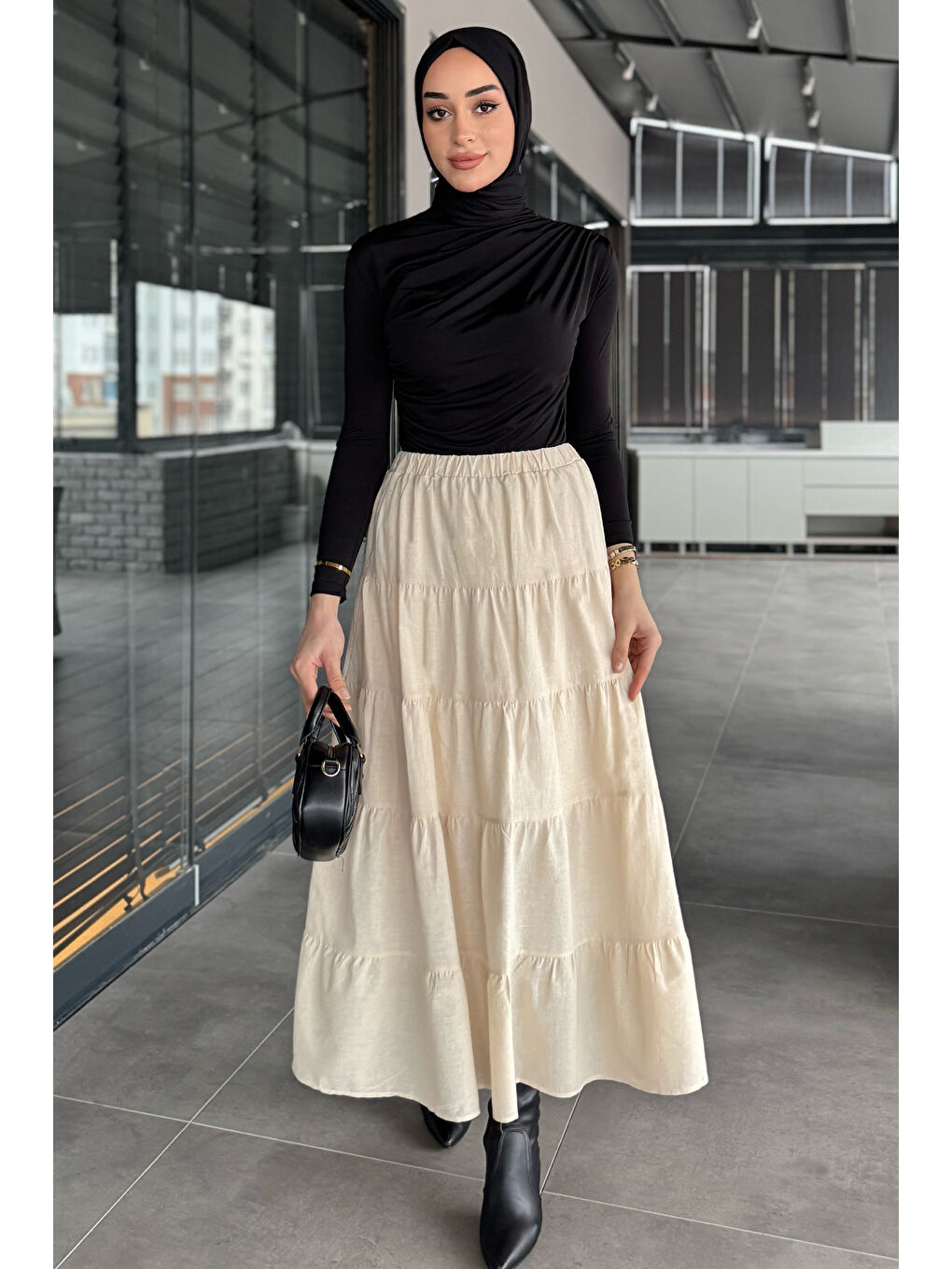 Bej Kadın Bel Lastikli Fırfırlı İç Astarlı Uzun Etek-3
