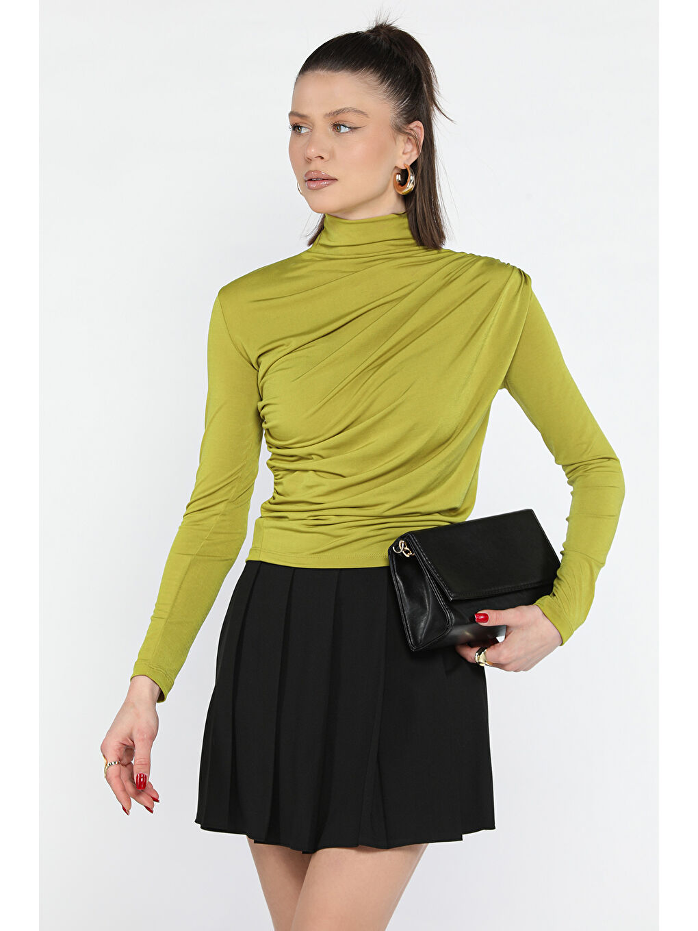 Yeşil Omuz Ve Bel Drapeli Kadın Bluz-1