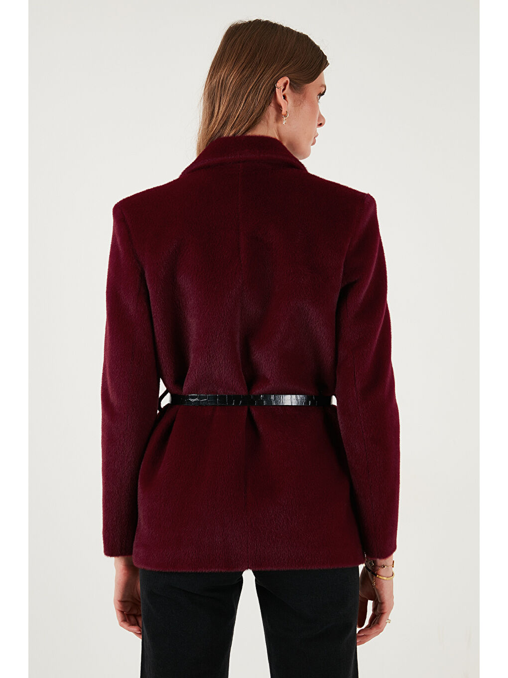 Bordo Regular Fit Astarlı Kemer Detaylı Pelüş Dokulu Ceket 6839490-6