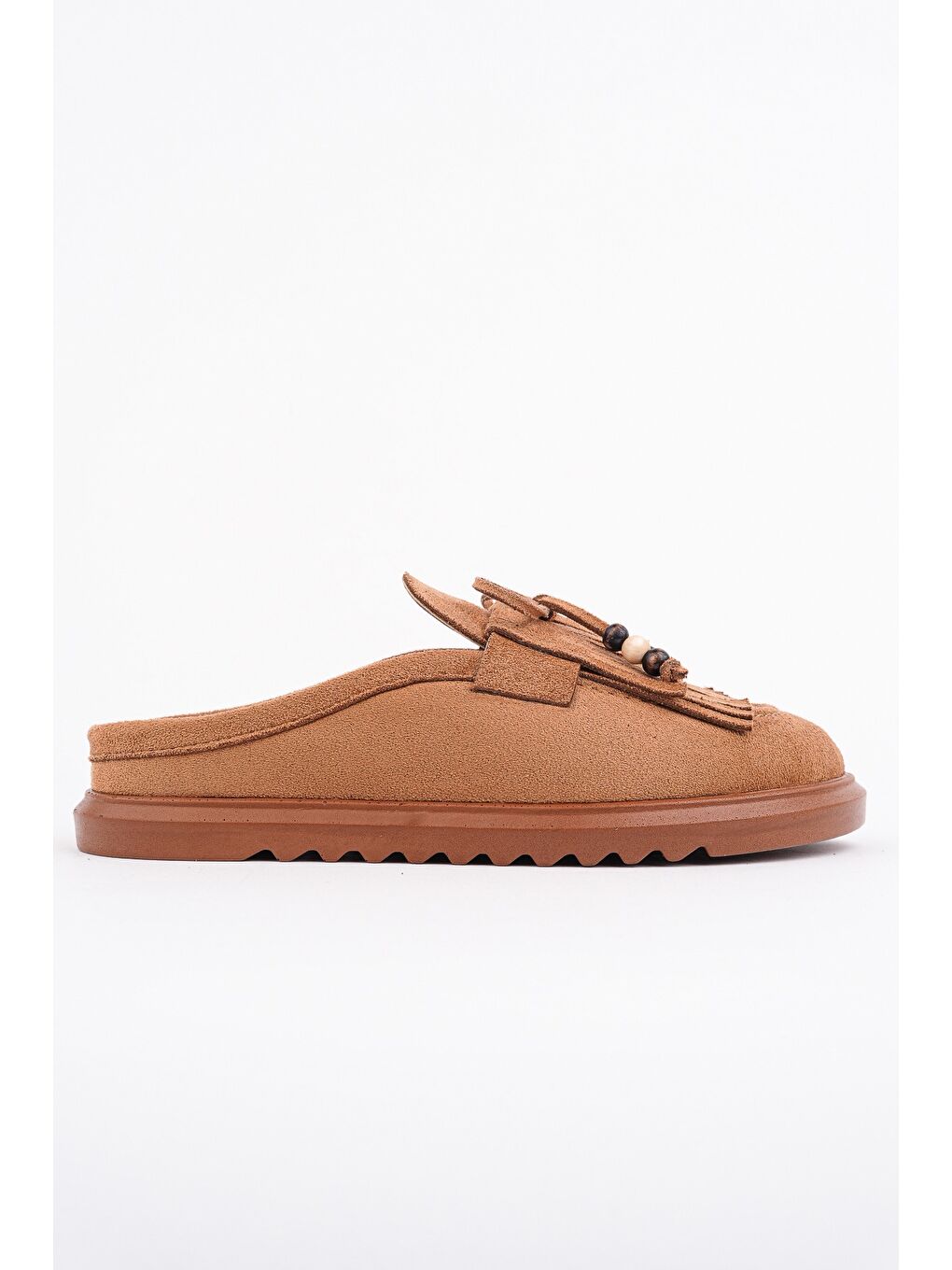 Kahverengi FRİNGE Süet Deri Fiyonk Detaylı Günlük Rahat Önü Kapalı Kadın Püsküllü Loafer Terlik-2