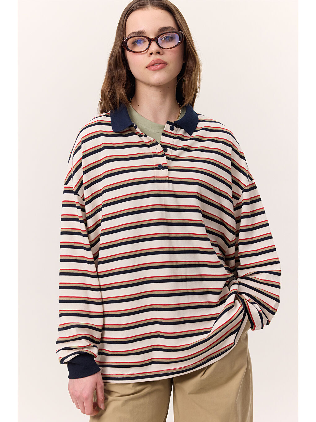 Polo Yaka Çizgili Sweatshırt Lacivert-3