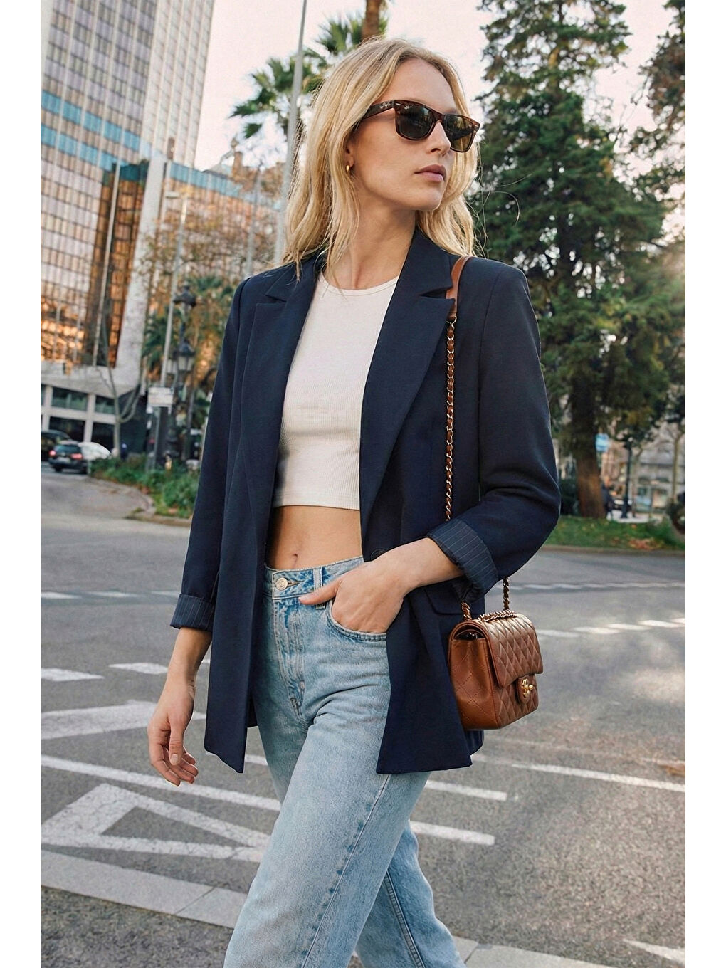 Lacivert Regular Fit Kruvaze Yaka Desenli Astar Detaylı Kadın Ceket 6927560