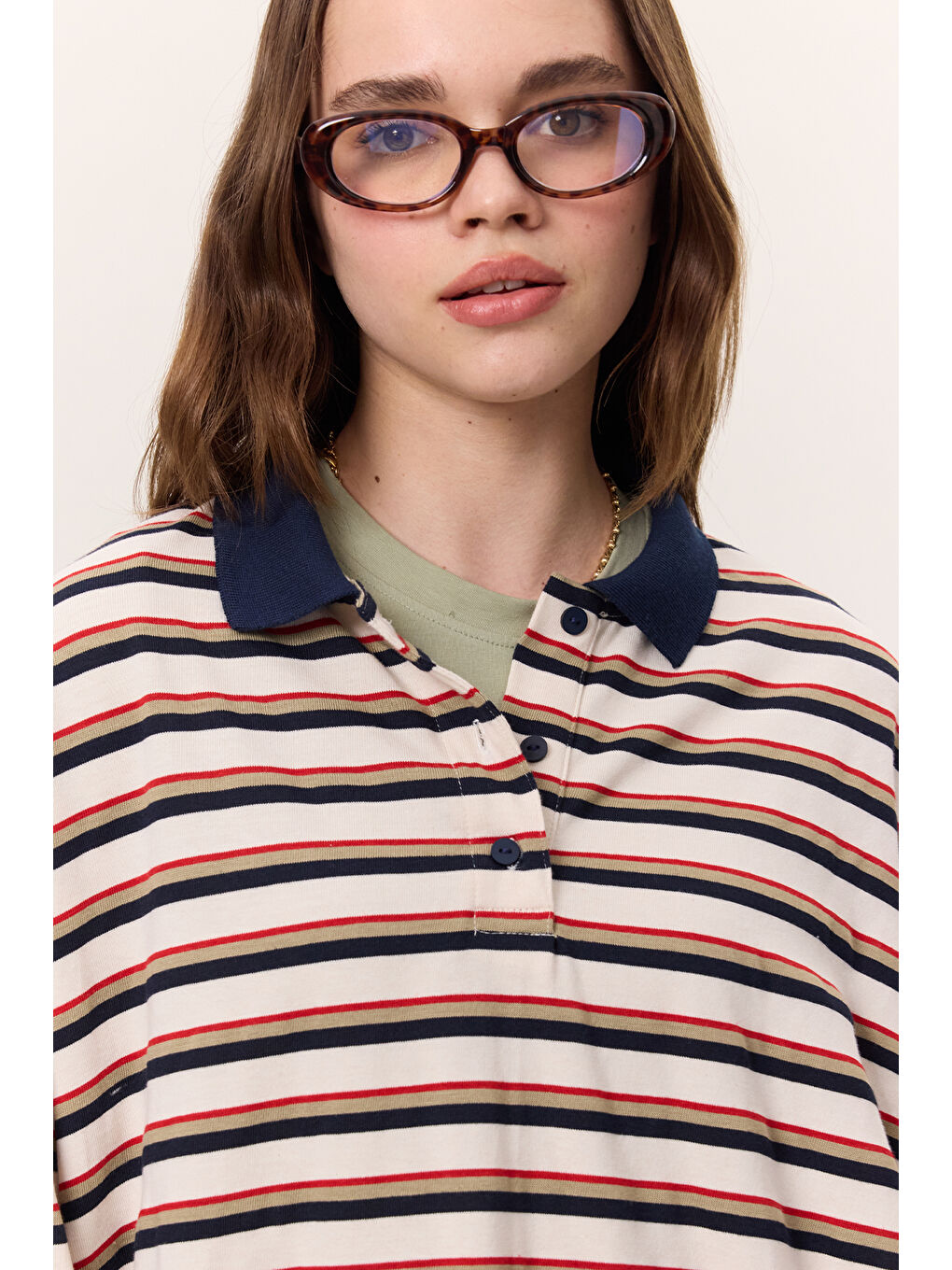 Polo Yaka Çizgili Sweatshırt Lacivert-4