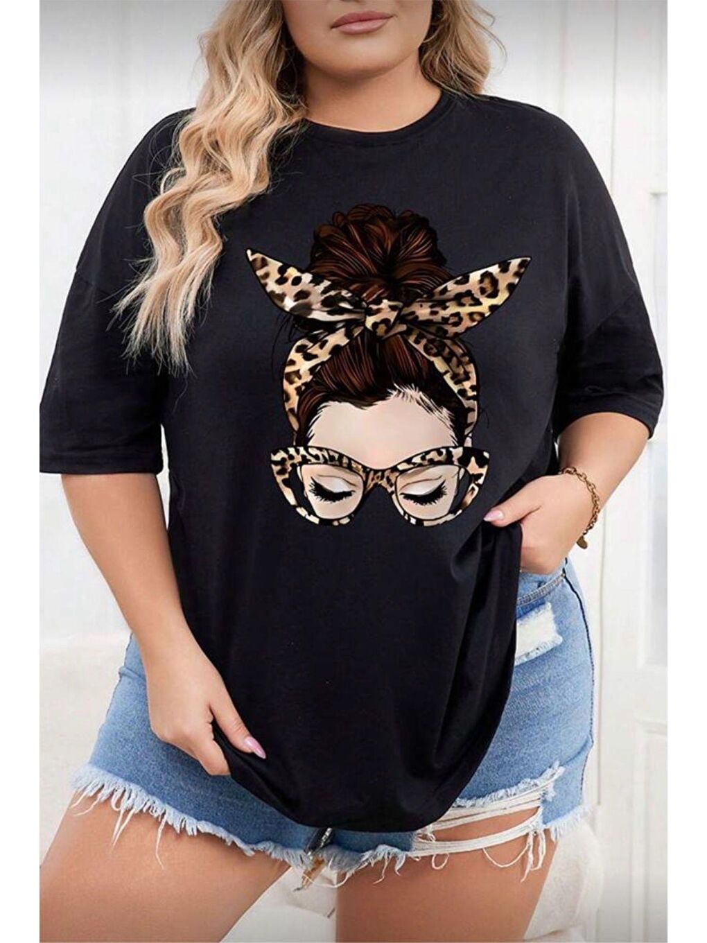 Siyah Ceny Kadın Büyük Beden Battal Baskılı Bisiklet Yaka Pamuklu T-Shirt Rahat Kesim Unisex Sevgili Kombi