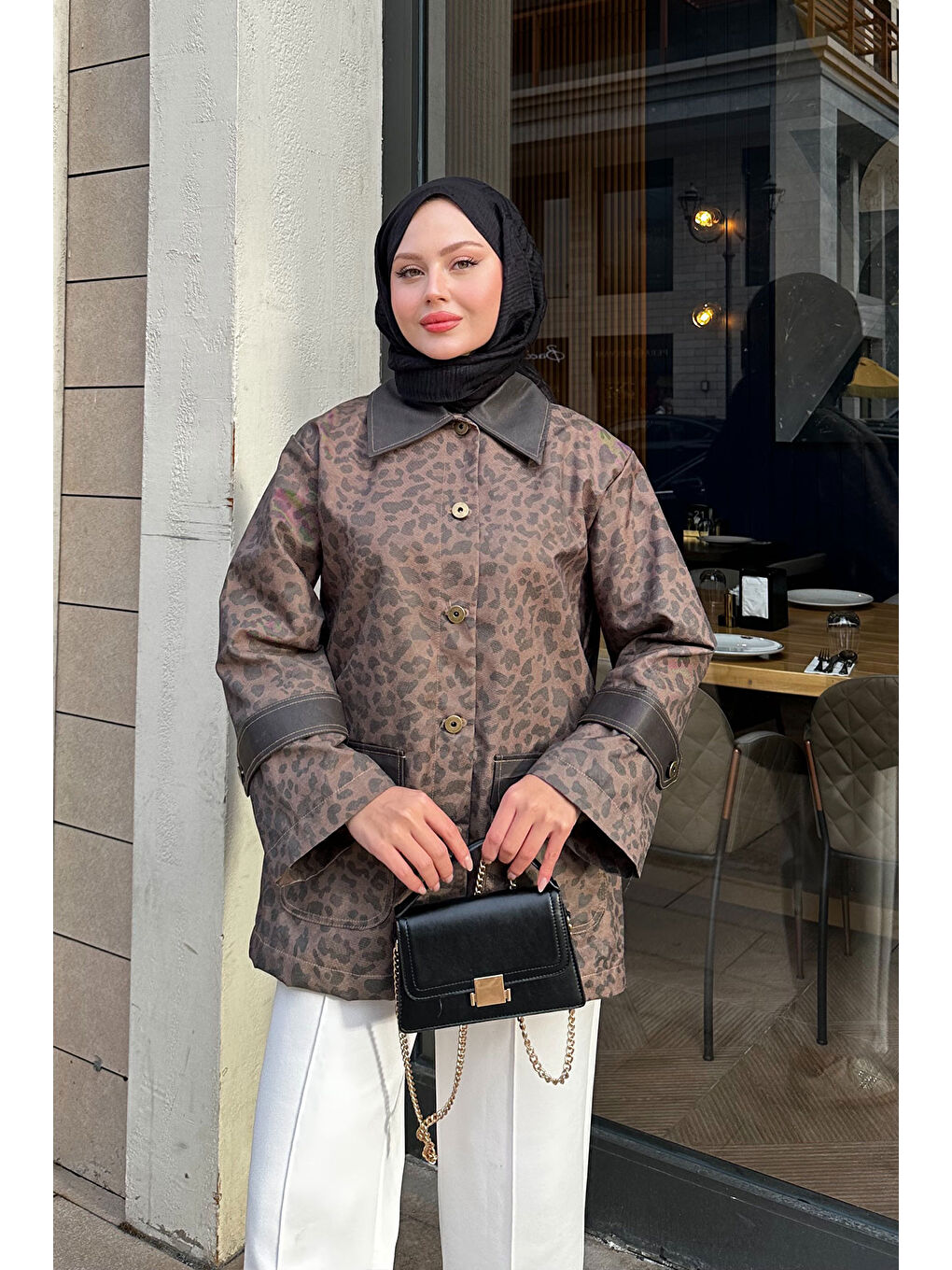 Kahverengi Kadın Kolları Apoletli Trenç Leopar-1