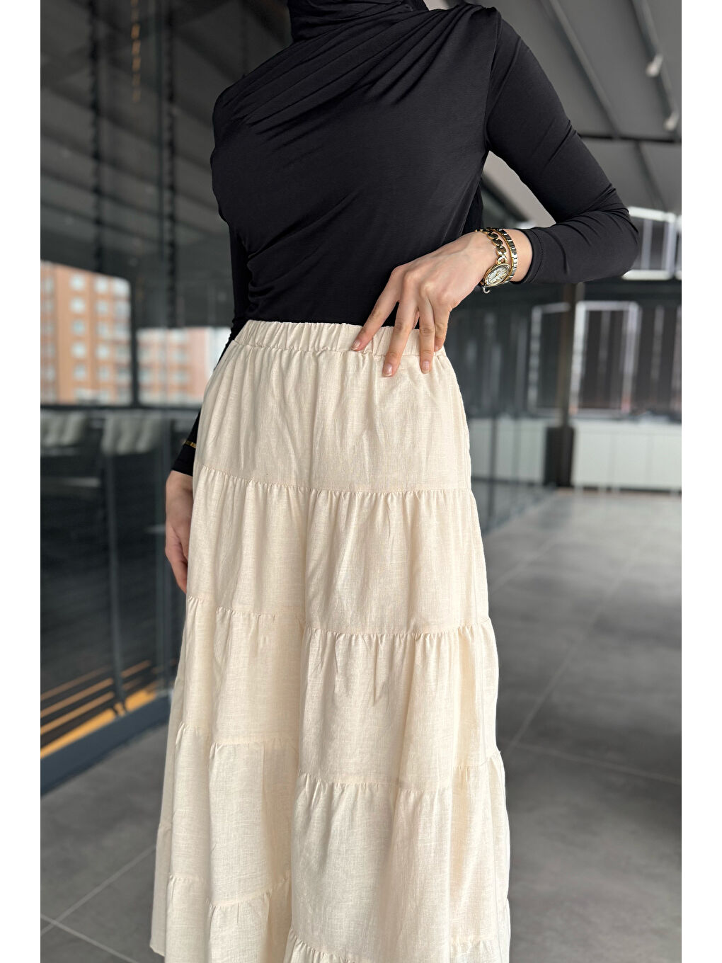 Bej Kadın Bel Lastikli Fırfırlı İç Astarlı Uzun Etek-5