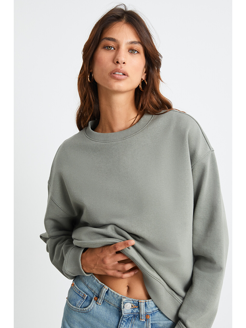 Maıja Kadın Bisiklet Yaka İçi Polarlı Oversize Fit Basic Açık Haki Sweatshirt-3
