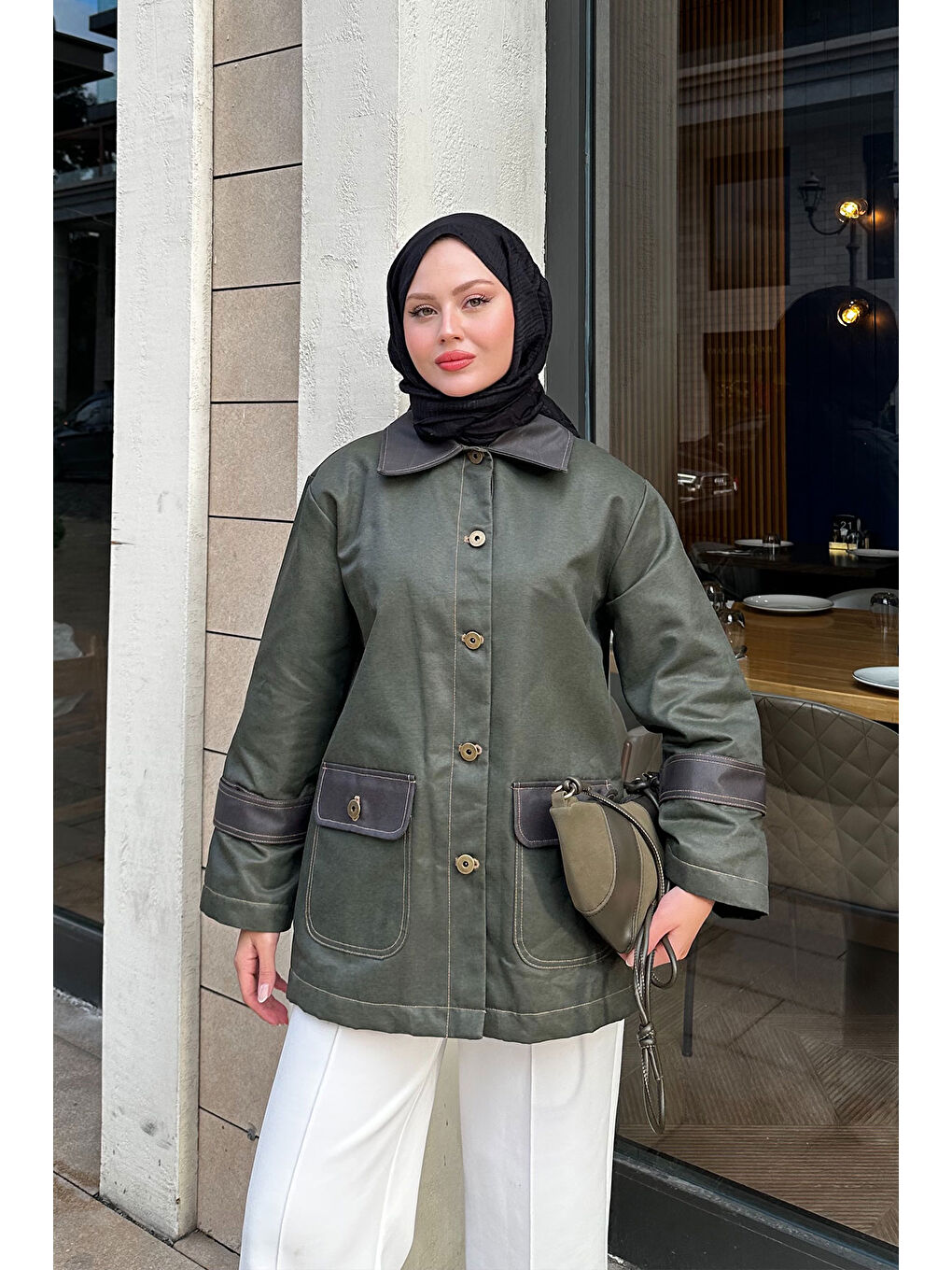 Kadın Kolları Apoletli Trenç Haki Yeşil-1