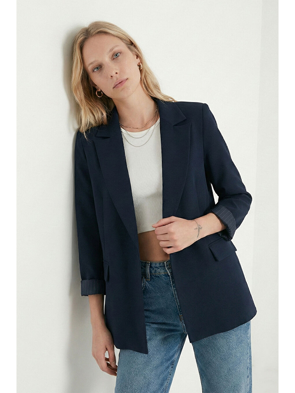 Lacivert Regular Fit Kruvaze Yaka Desenli Astar Detaylı Kadın Ceket 6927560-1