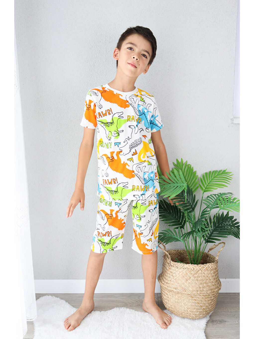 Harika KIDS Ekru Erkek Çocuk Baskılı Pamuklu Penye Kumaş  Şortlu  Pijama Takımı - 3