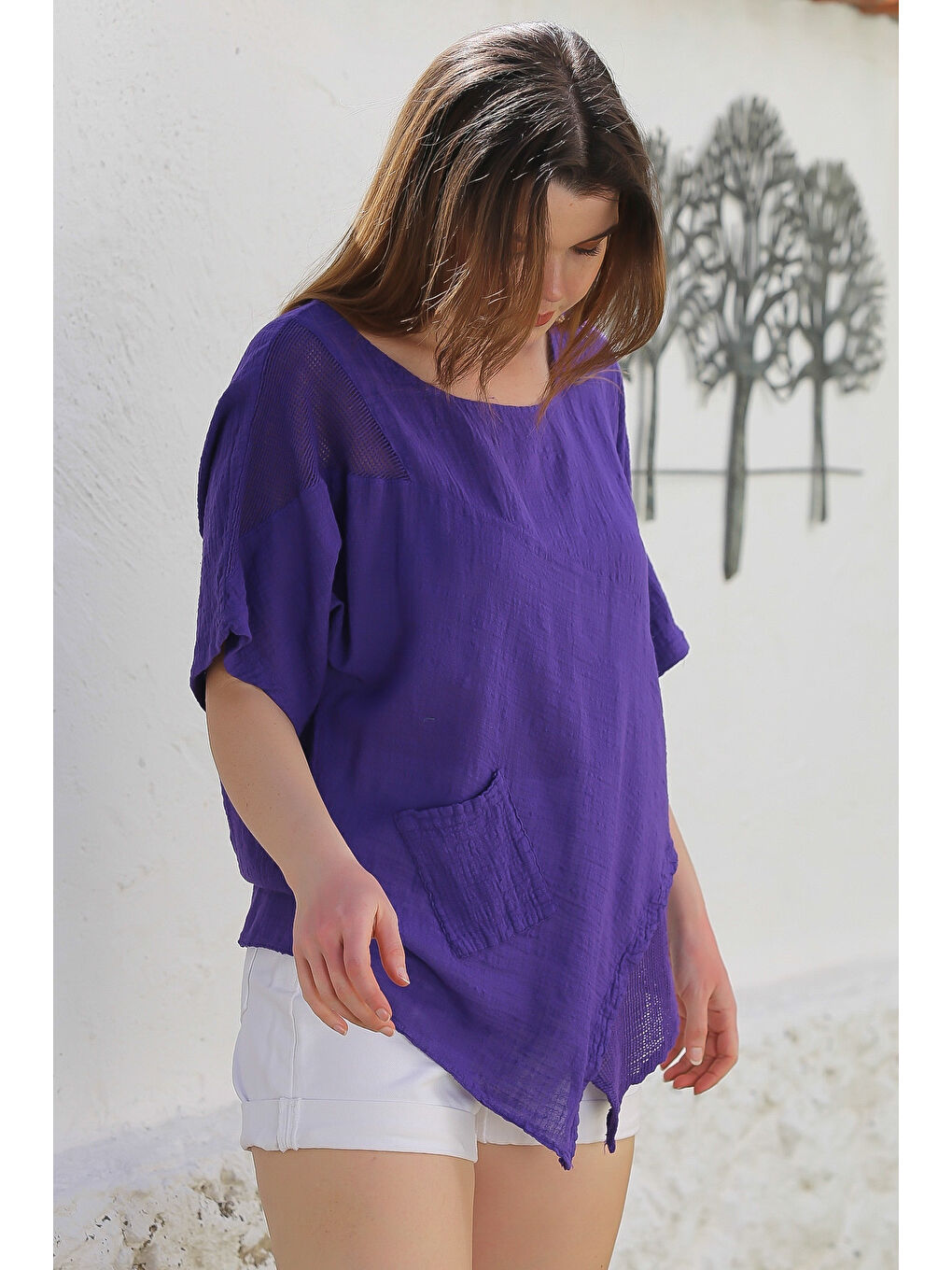 Mor Havuz Yaka Cepli File Detaylı Yıkamalı Casual Asimetrik Dokuma Bluz 70 65-2