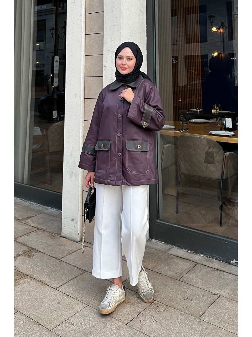 Kadın Kolları Apoletli Trenç Mürdüm