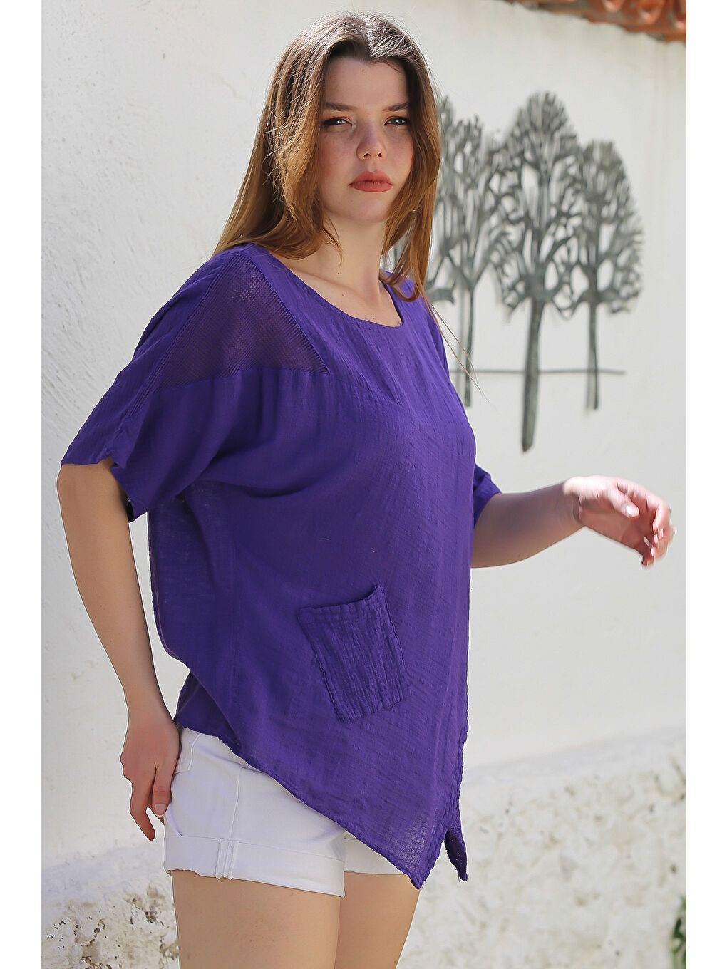 Mor Havuz Yaka Cepli File Detaylı Yıkamalı Casual Asimetrik Dokuma Bluz 70 65-3