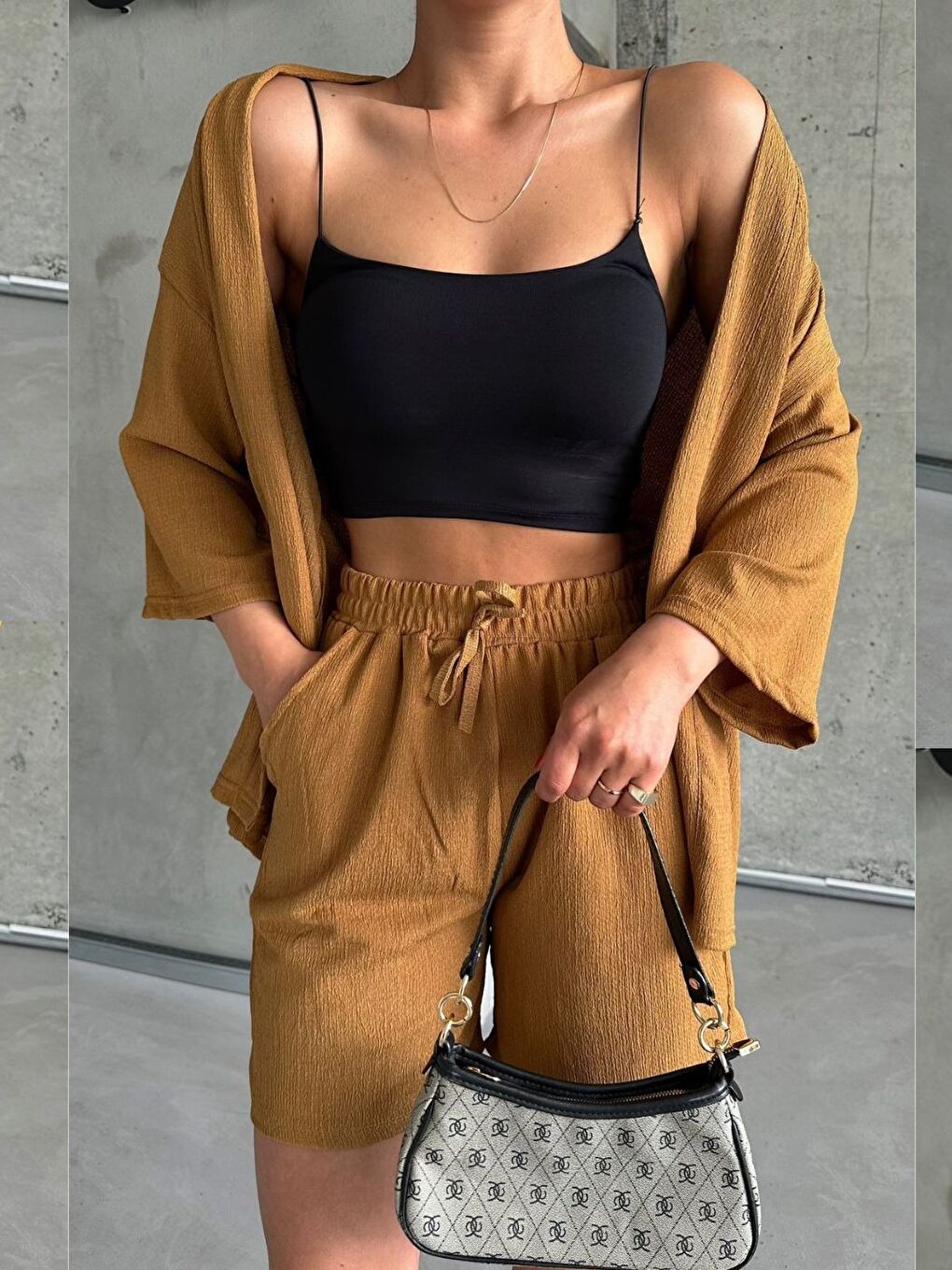 Kahverengi Kadın Camel Kimono Gömlek Şort Alt Üst Takım