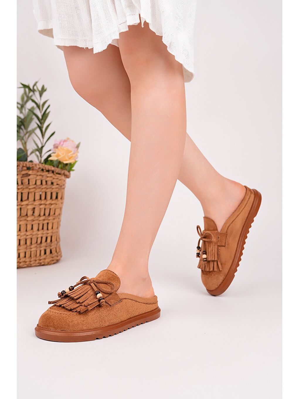 Kahverengi FRİNGE Süet Deri Fiyonk Detaylı Günlük Rahat Önü Kapalı Kadın Püsküllü Loafer Terlik-4