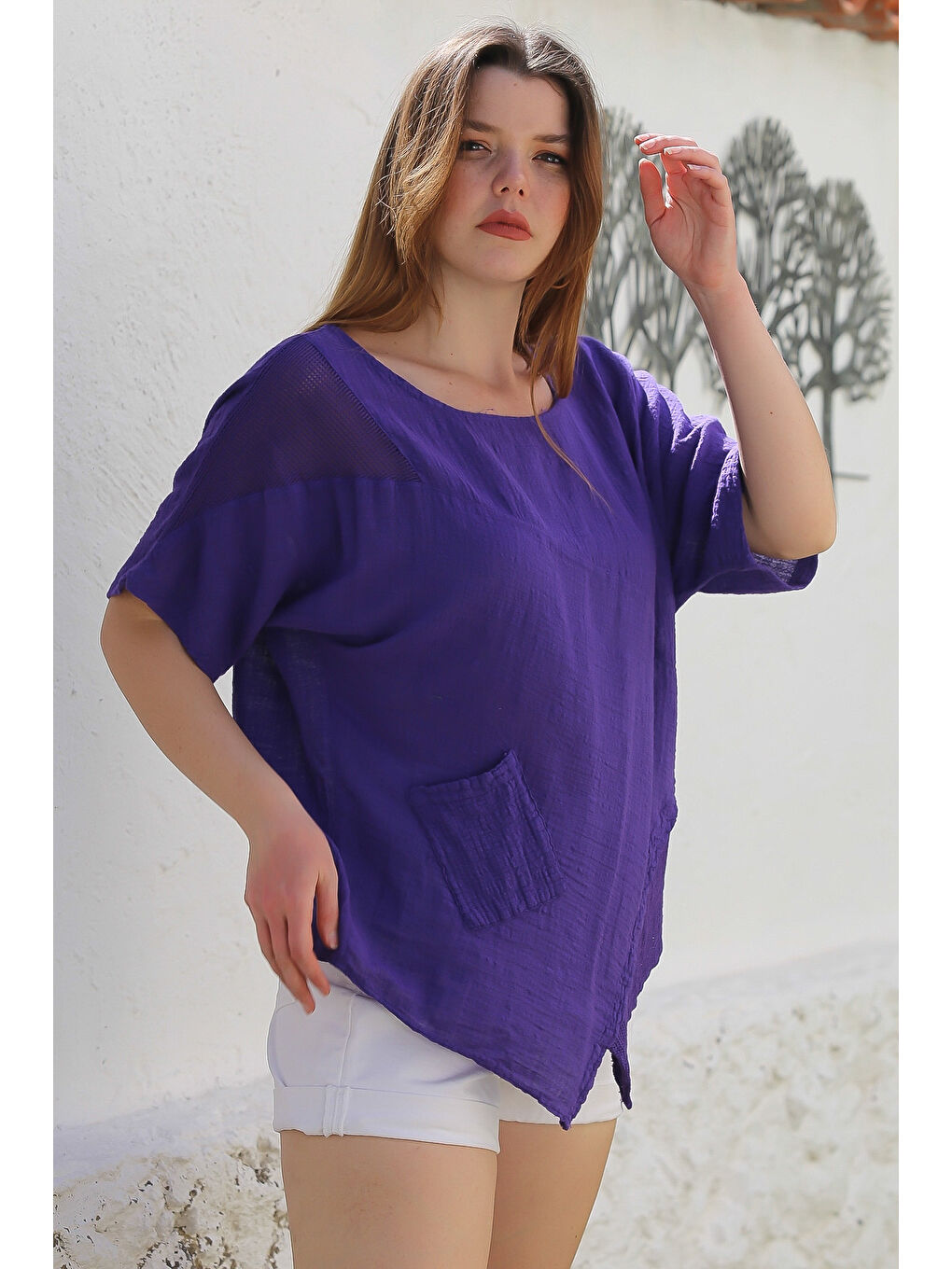 Mor Havuz Yaka Cepli File Detaylı Yıkamalı Casual Asimetrik Dokuma Bluz 70 65-4