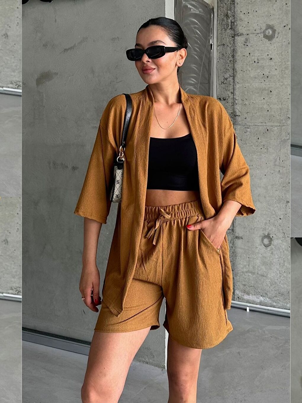 Kahverengi Kadın Camel Kimono Gömlek Şort Alt Üst Takım-1