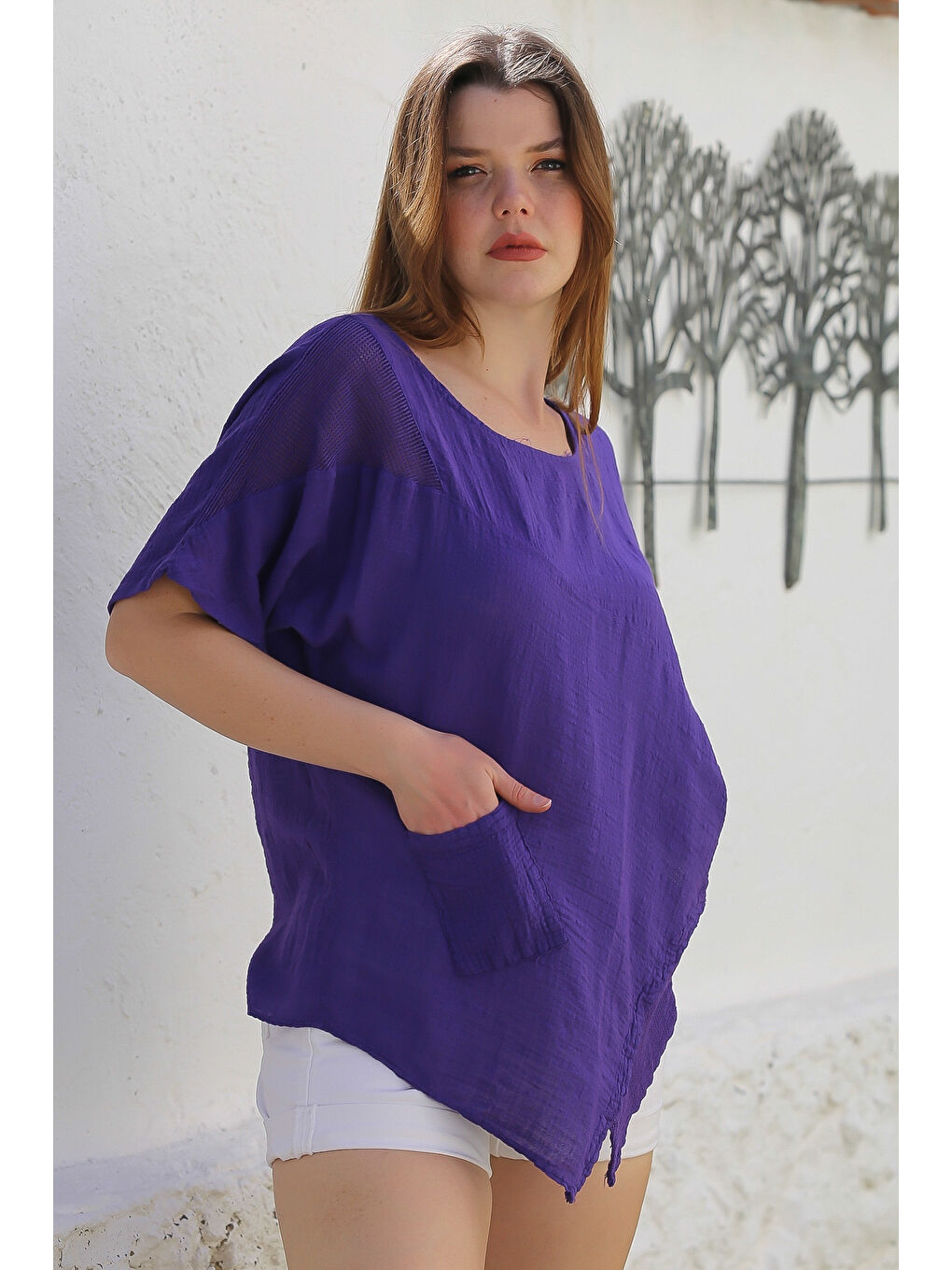 Mor Havuz Yaka Cepli File Detaylı Yıkamalı Casual Asimetrik Dokuma Bluz 70 65-5