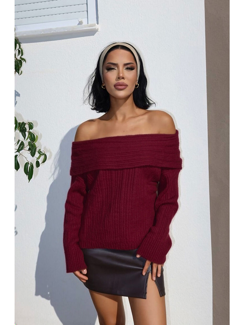 Bordo Omzu Açık Fitilli Triko Kazak F-040-1