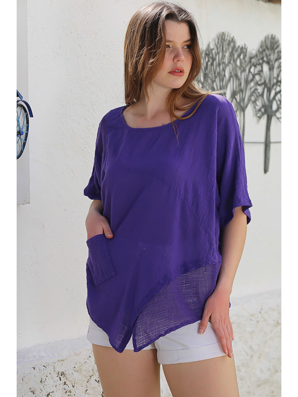 Mor Havuz Yaka Cepli File Detaylı Yıkamalı Casual Asimetrik Dokuma Bluz 70 65-6