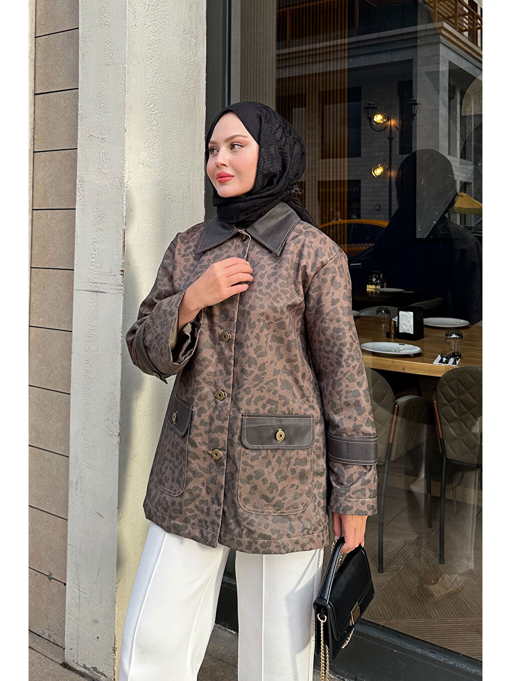 Kahverengi Kadın Kolları Apoletli Trenç Leopar-2