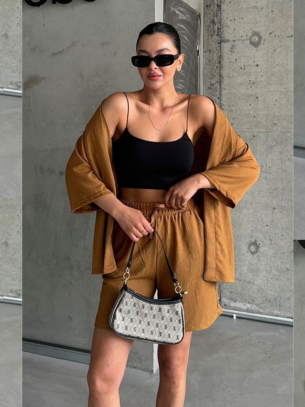 Kahverengi Kadın Camel Kimono Gömlek Şort Alt Üst Takım-3