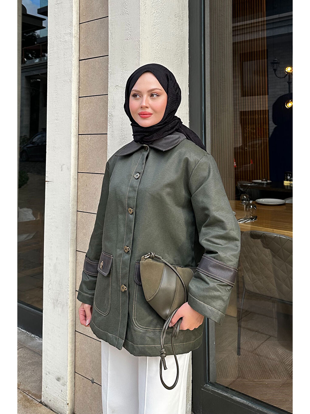 Kadın Kolları Apoletli Trenç Haki Yeşil-2