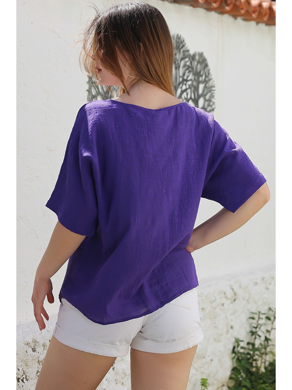 Mor Havuz Yaka Cepli File Detaylı Yıkamalı Casual Asimetrik Dokuma Bluz 70 65-7