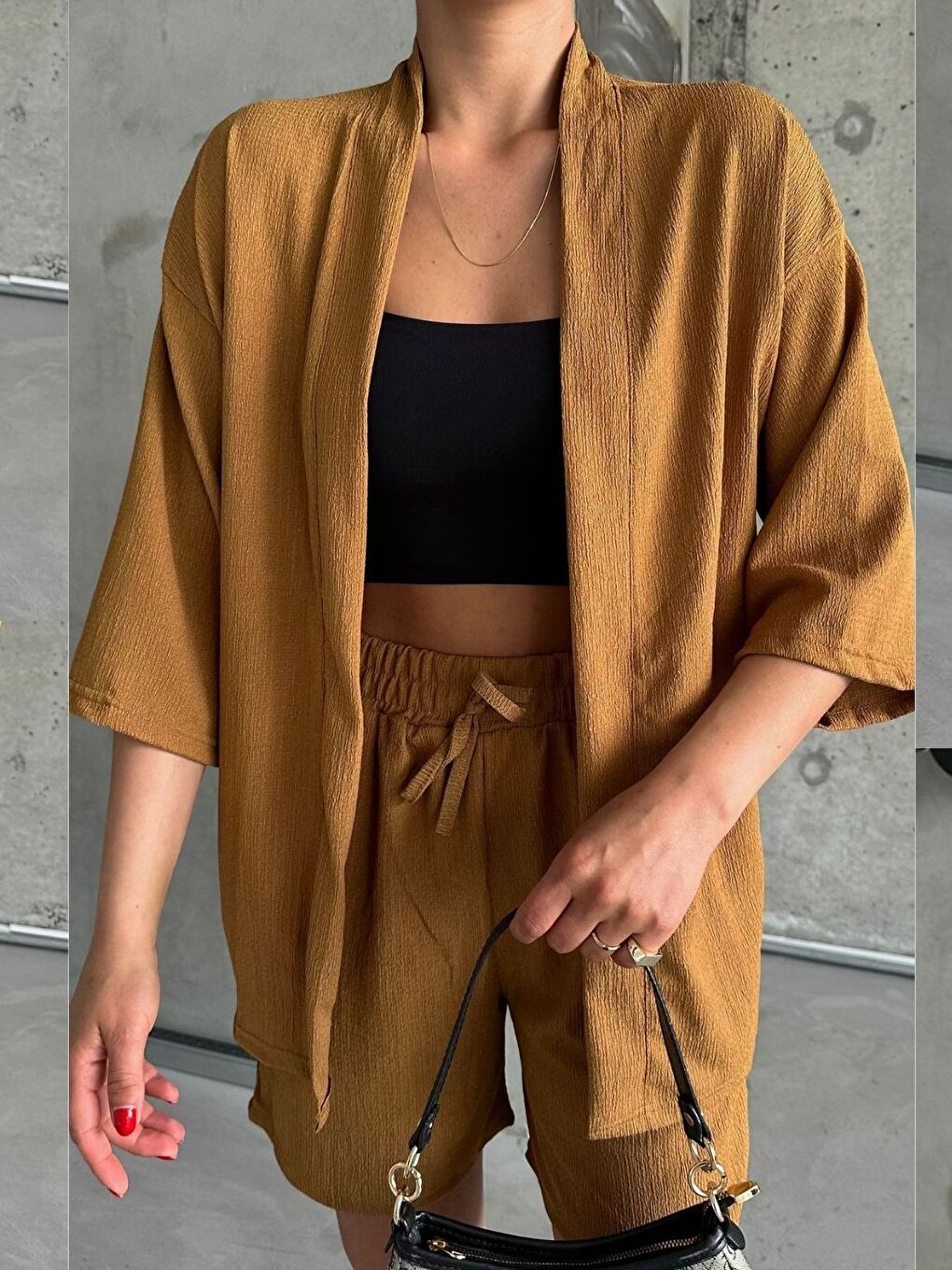 Kahverengi Kadın Camel Kimono Gömlek Şort Alt Üst Takım-4