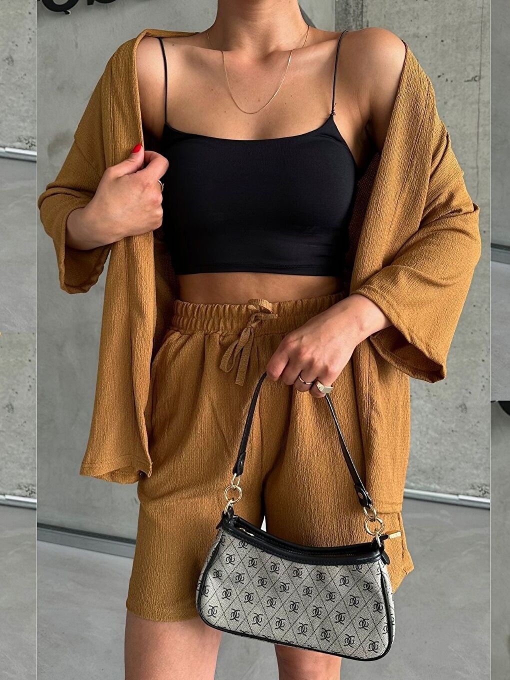 Kahverengi Kadın Camel Kimono Gömlek Şort Alt Üst Takım-5