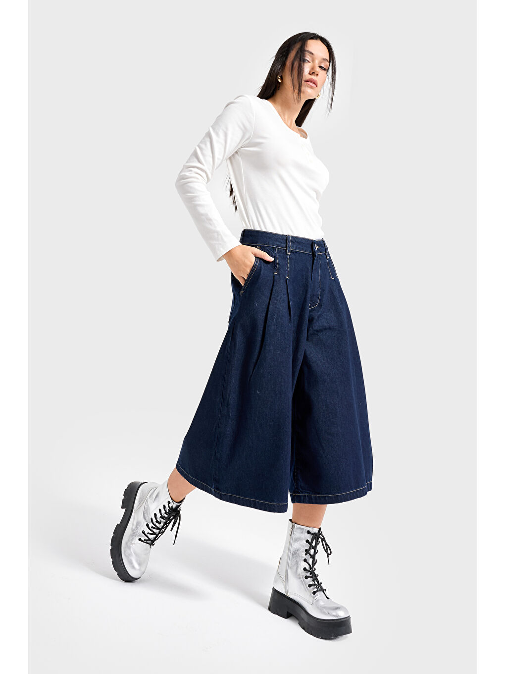 Kadın İndigo Renk 7s6-50 Baggy Fit Pileli Uzun Denim Bermuda Jean-1