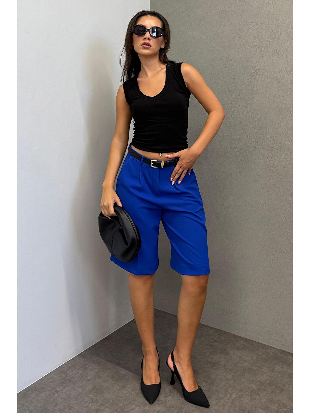 Mavi Saks Pileli Kadın Bermuda Şort Mg2483-1