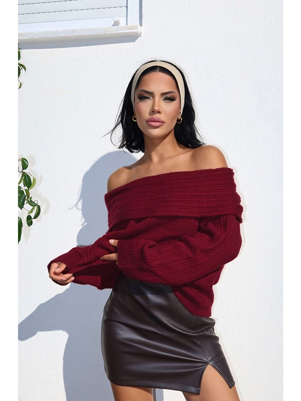 Bordo Omzu Açık Fitilli Triko Kazak F-040-2