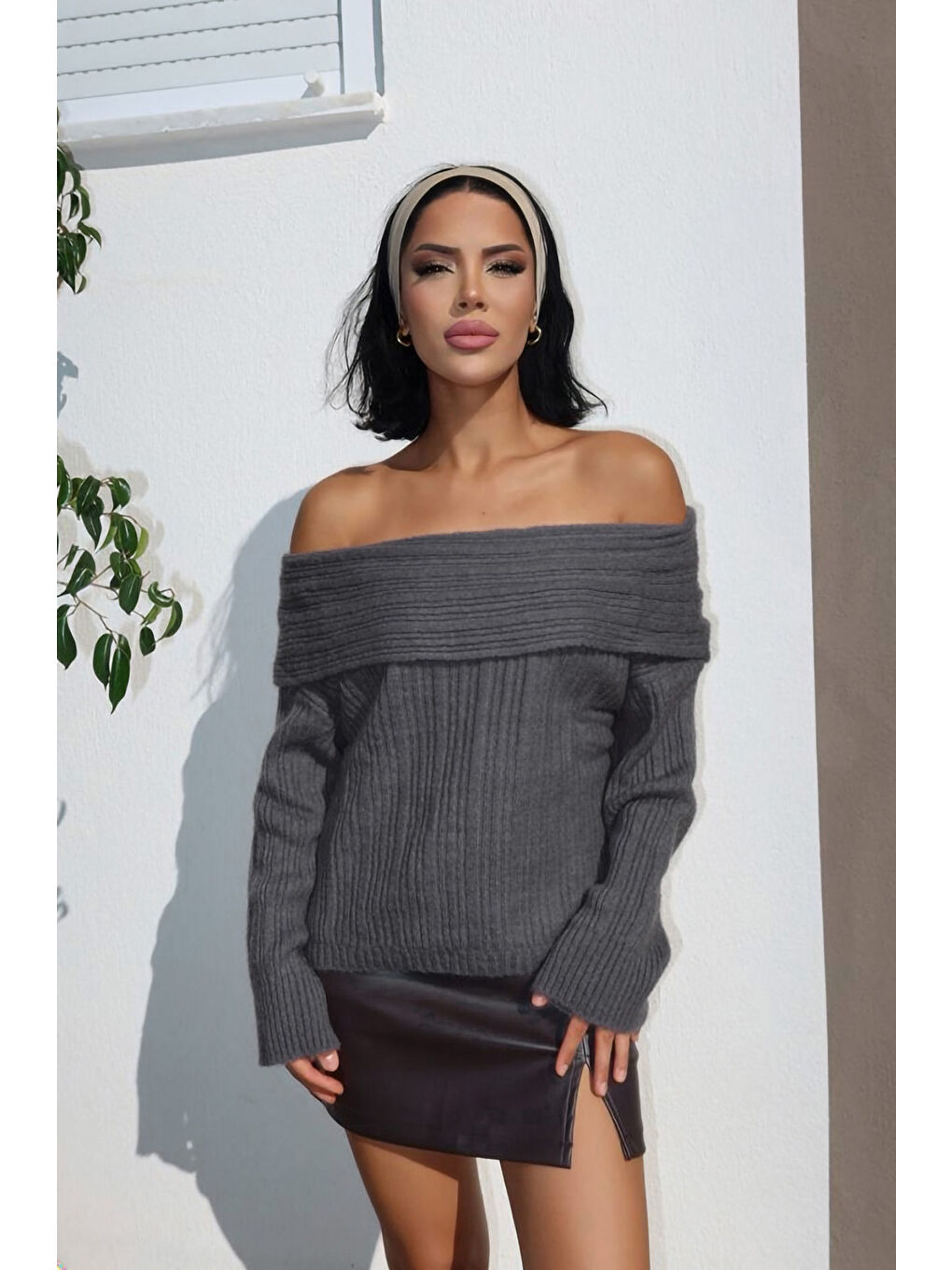 Antrasit Omzu Açık Fitilli Triko Kazak F-040-4