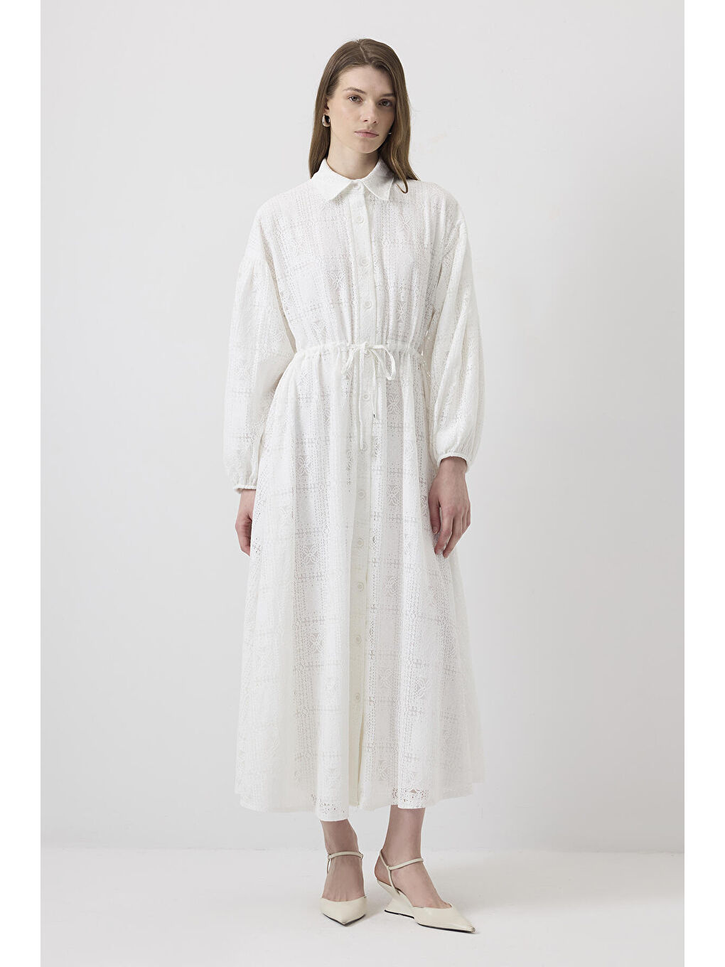 Beyaz Gömlek Yaka Dantel Elbise