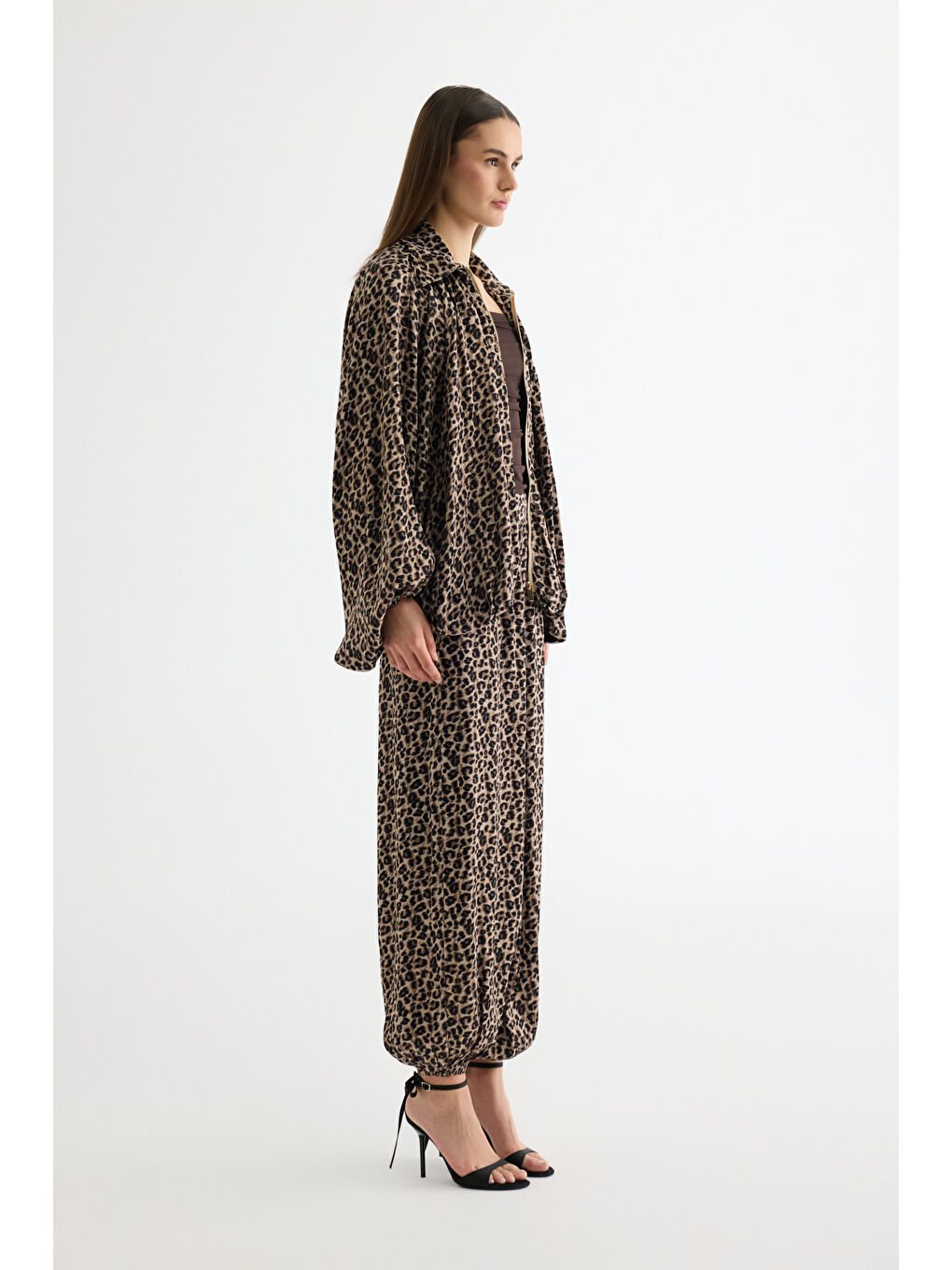 Leopar Desenli Saten Bomber Ceket Kahverengi-3