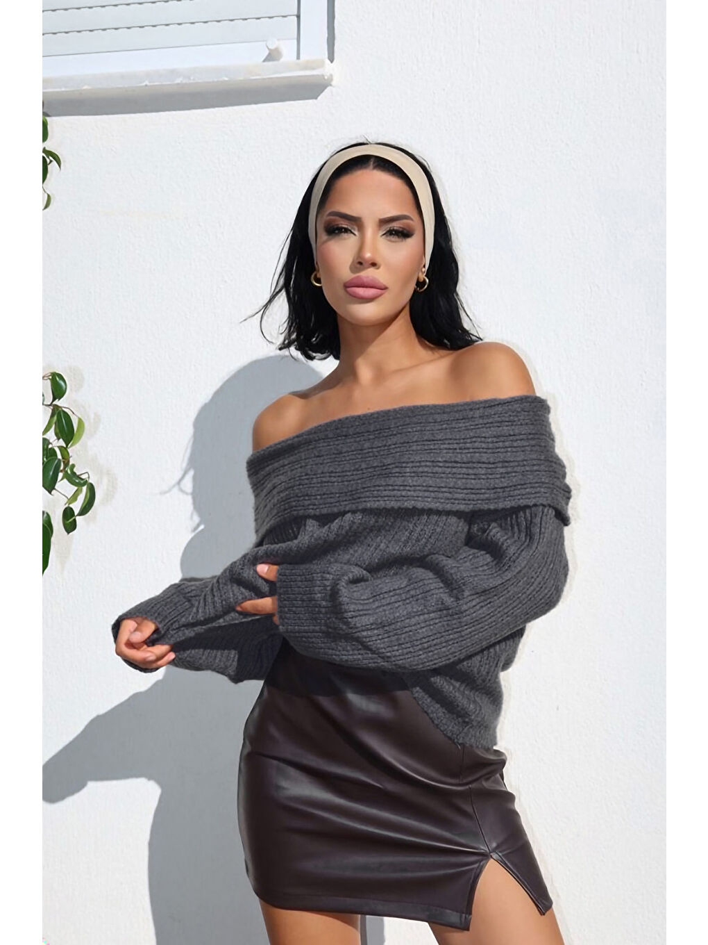 Antrasit Omzu Açık Fitilli Triko Kazak F-040-1