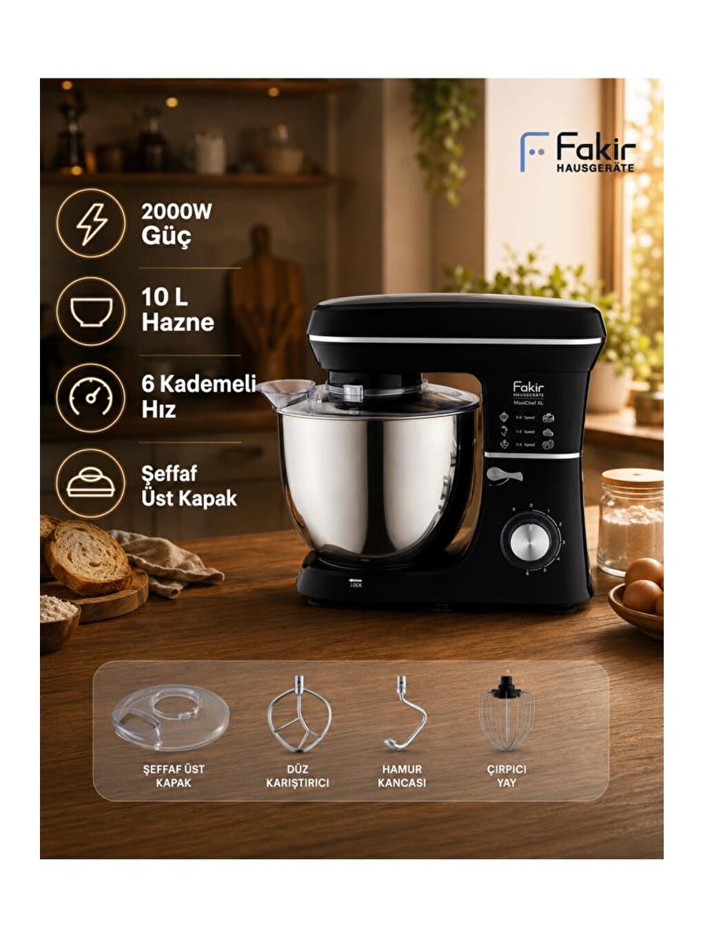 Maxychef Hamur Yoğurma & Stand Mikser 10 Lt 2000w Siyah-5