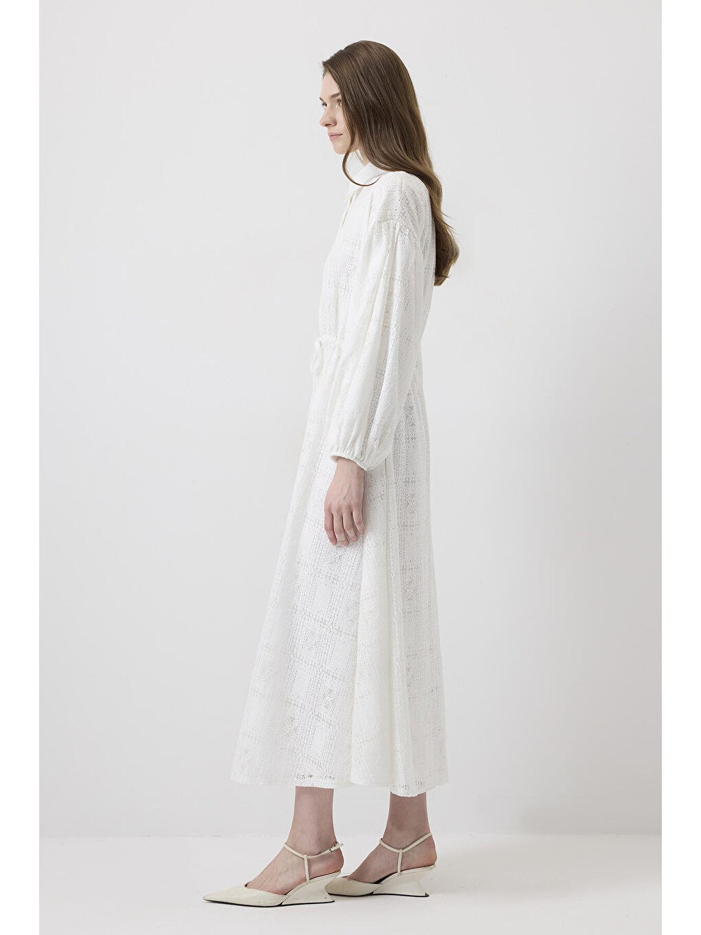 Beyaz Gömlek Yaka Dantel Elbise-2